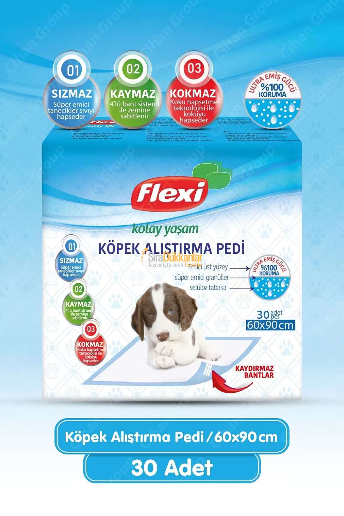 Flexi Köpek Eğitim Pedi, Kaydırmaz Bantlı, Yüksek Emici, 30 Adet, 60x90cm - Evcil Hayvan Çiş Pedi