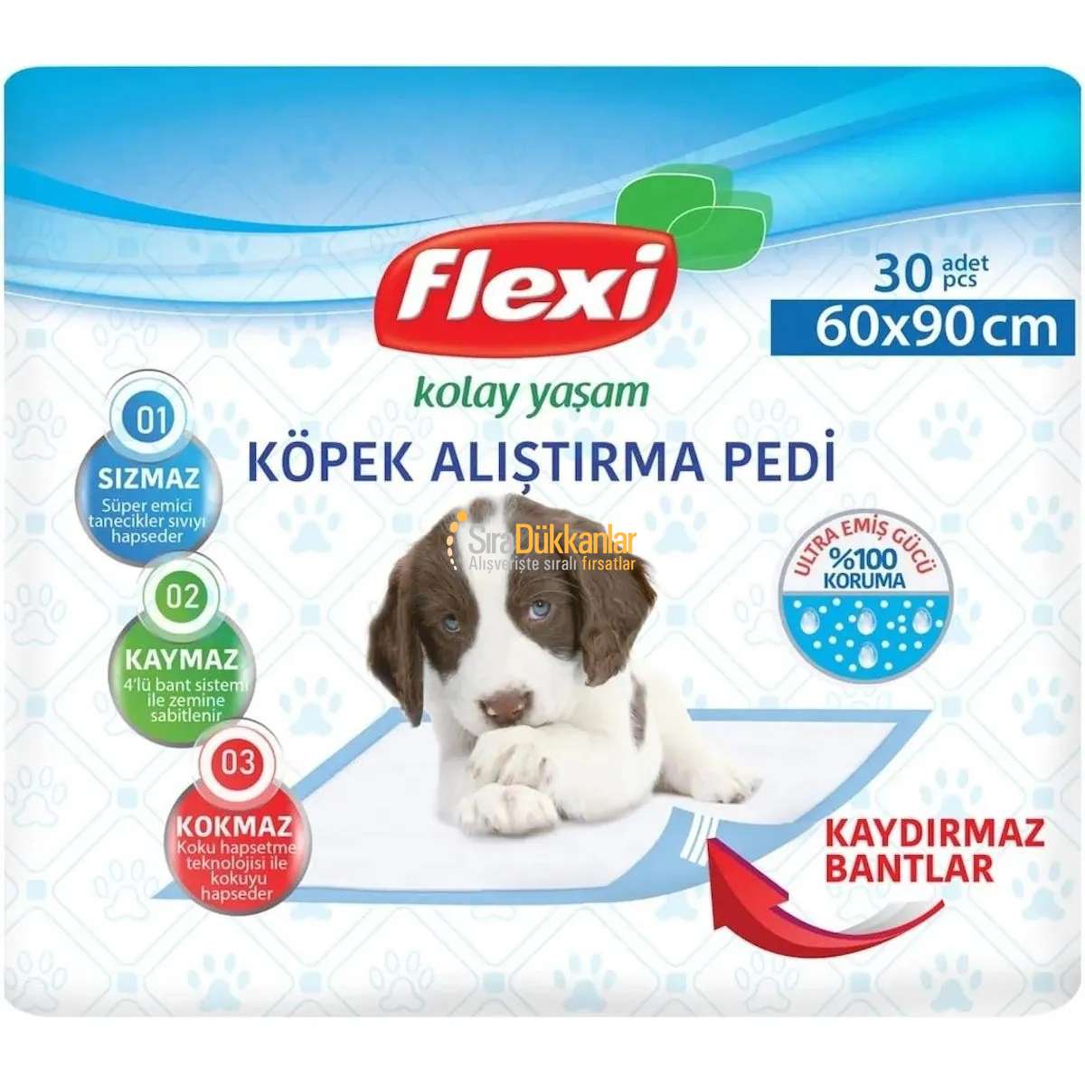 Flexi Köpek Eğitim Pedi, Kaydırmaz Bantlı, Yüksek Emici, 30 Adet, 60x90cm - Evcil Hayvan Çiş Pedi